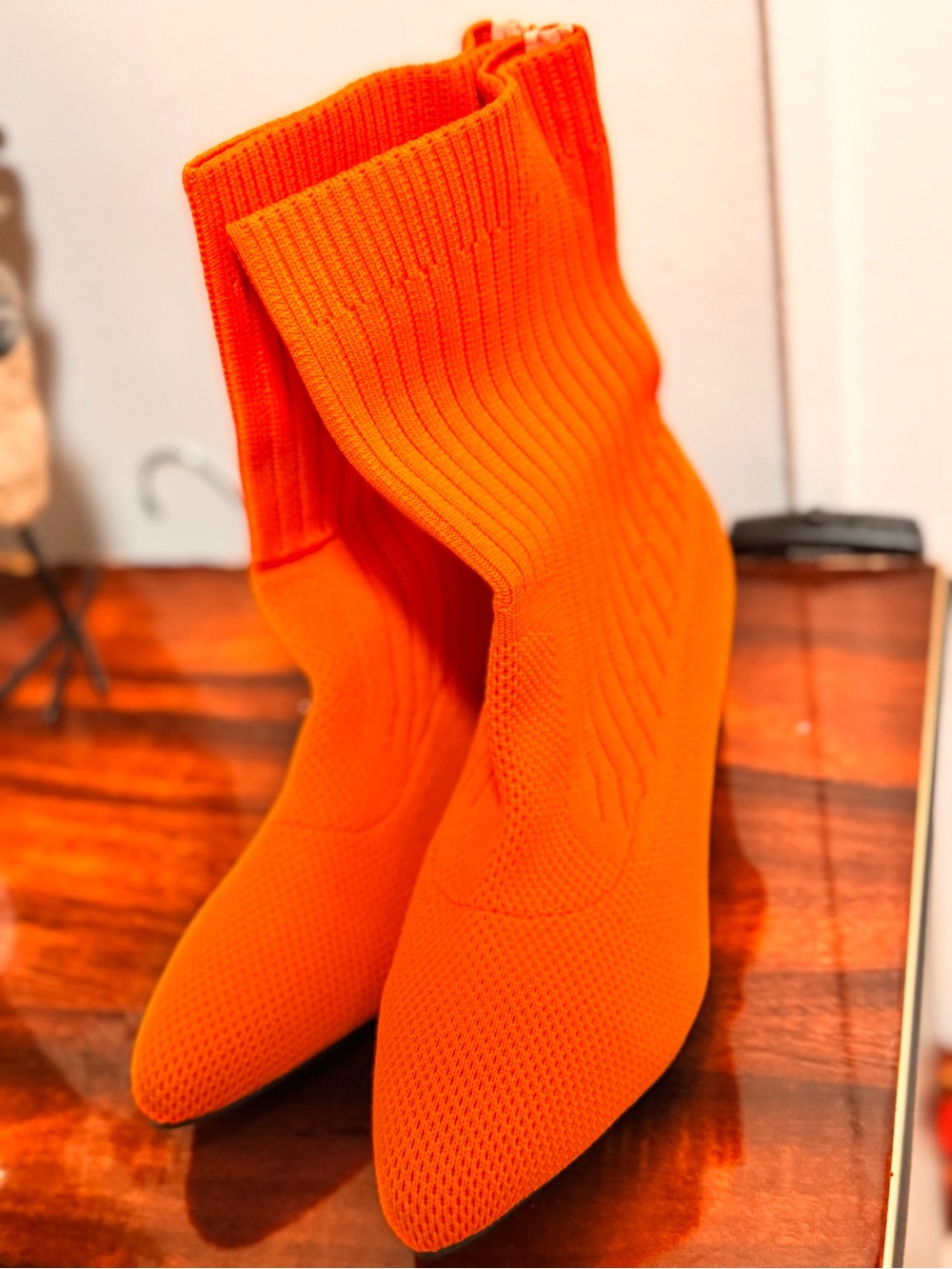 Bright Orange Knit Sock Ankle Boots Block Heel - Size 7.5 (EU 38)